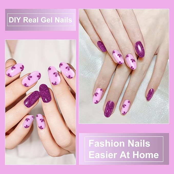 Semi Cured Gel Nail Strips,28 Pcs Nail Stickers for Women(Shiny),Gel Stickers for Nails UV Light, Includes Prep Pads, NailFile & Wood Stick