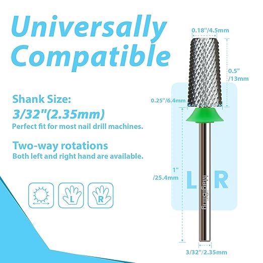 Professional Nail Drill Bits, Tungsten Carbide Cross Cut Tapered Barrel 3/32'' Safety Bits, Left and Right Hand Use, Remove Gel Fast, Manicure Pedicure Cuticle Gel Polishing, Coarse.