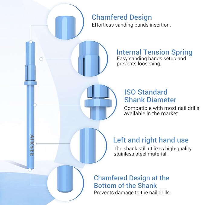 AIRSEE 3.1mm Small Nail Drill Mandrel Bits for Mini Efile Sanding Bands, Stainless Steel Professional Electric Head Clean Remove Cuticle Removing, Acrylic Manicure Sander Safety (Tranquil Blue)