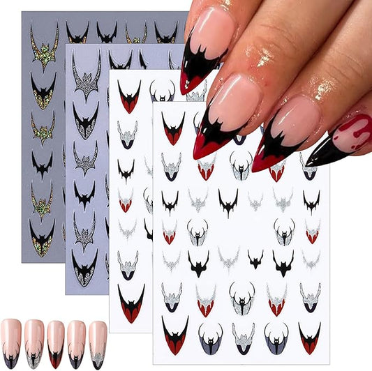 6 Sheets Halloween Bat Nails Art Stickers Glitter Holographic Gold Silver French Bat Design Nail Sticker Halloween French Sticker for Nails Decals Decals Holiday Decoration Kit for Women DIY Nails