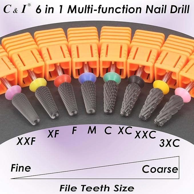 C & I Nail Drill Bit 6 in 1 Multi-function Rounded End E-file, Diamond Coat, CNC Overall Cut Nail Tools for Nail Techs Quick Remove Acrylic Nail Gels & Nail Art (Special Coat, Double Fine -XXF)