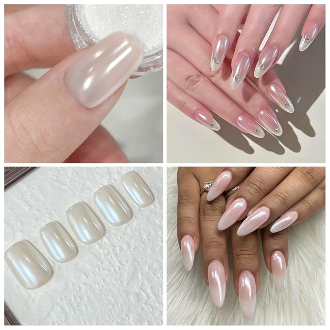 Moonlight White Chrome Nail Powder, White Pearl Nail Powder Pigment Mirror Effect Aurora Magic Pearlescent Nail Glitter Nail Art