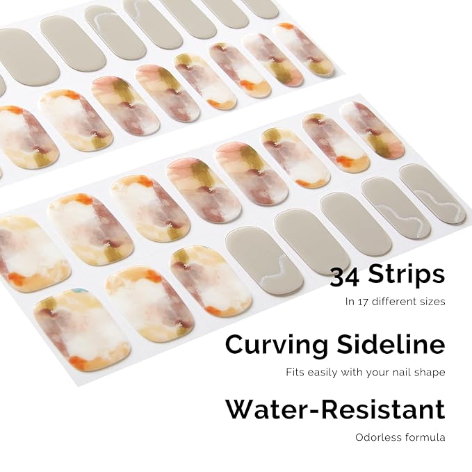 Semi Cured Gel Nail Strips - NAILOG 34 Pcs Art Painting Nail Stickers Extra Long Wraps with Glossy Gel Finishing for Autumn Winter, Like A Painting
