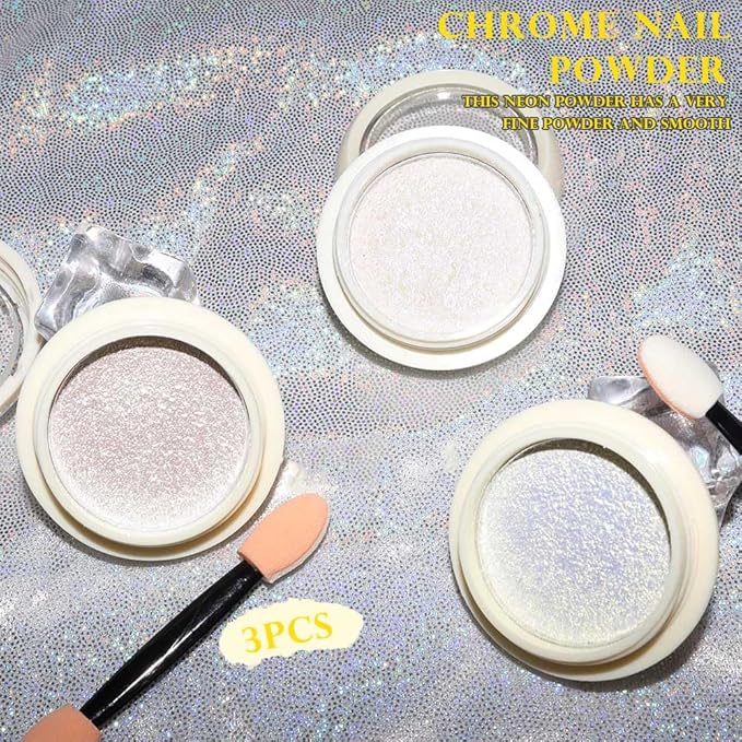evpct 3Pcs Chrome Nail Powder Kit for Nails Polish White Purple Yellow Pearl Mermaid Rainbow Holographic Iridescent Chameleon Metallic Neon Pigment Mirror Chrome Nail Powder for Gel Nails Glitter 02
