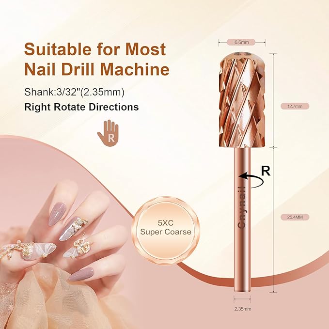 3/32" Large Barrel Smooth Round Top Tungsten Carbide Nail Drill Bit Safety Bit for Gel & Acrylic Removal, Right Way Rotating Efile Tip, Salon Electric File Accessory (5XC Grit, Rose Gold)