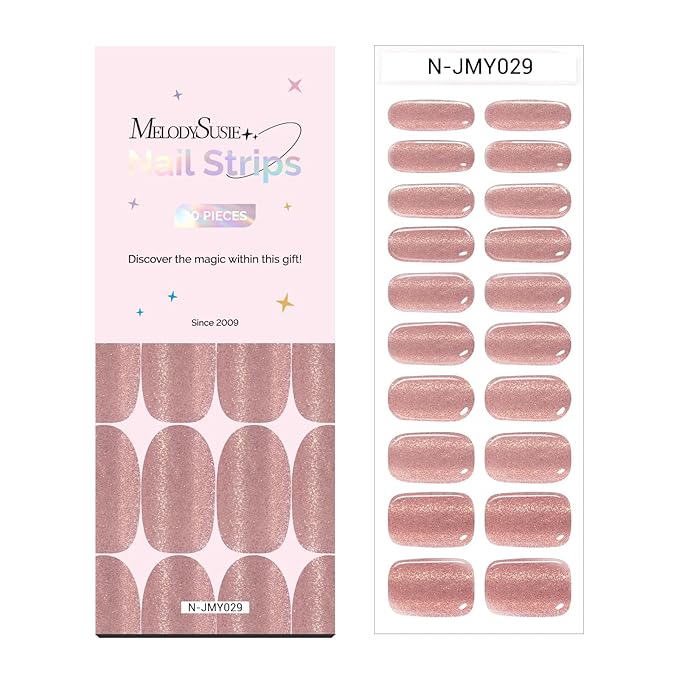 MelodySusie Pink Cat Eye Gel Nail Strips, 20 Pcs, Salon Quality, Long Lasting, Easy Apply & Remove, Includes Prep Pads, Nail File & Wooden Stick
