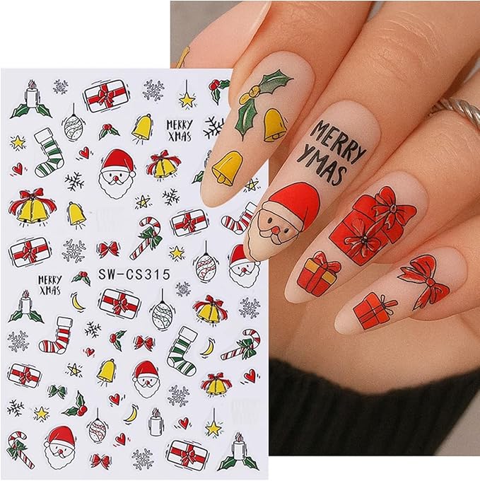 6Pcs Christmas Nail Stickers 3D Self Adhesive Xmas Tree Nails Decals Santa Claus Snowman Socks Snowflake Nails Design Sticker Winter Christmas Nail Art Stickers for Women Holiday Manicure Decor
