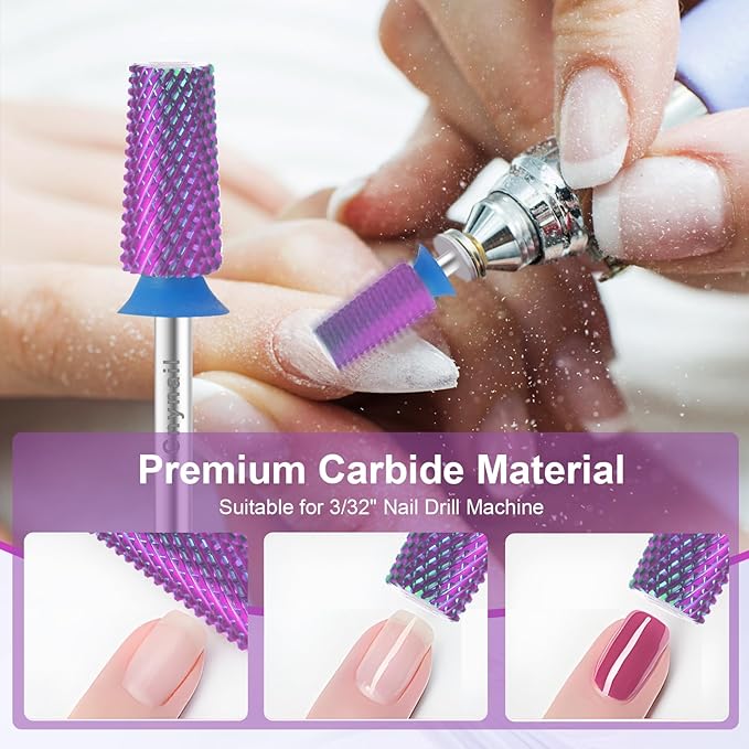 Cnynail 3/32" Large Tapered Barrel Flat Bit Tungsten Carbide Nail Drill Bit Safety Bit for Gel & Acrylic Removal, 2- Way Rotating Efile Tip, Salon Electric File Accessory (M Girt, Purple)