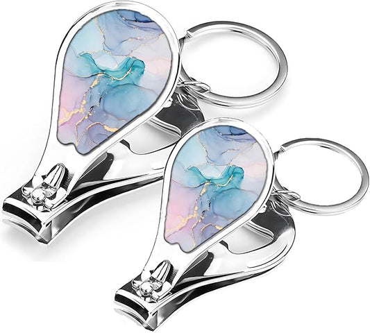 Nail Clipper Set with Keychain 2 Pack Toenail Clippers with Jar Opener Multifunction Nail Cutter for Men-Dorm Room Essentials,Gift for Thanksgiving,Halloween,Travel Essentials(Marble)