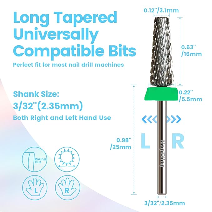 16mm 5 in 1 Tapered Barrel Nail Drill Bits, 3/32'' Safety Tungsten Carbide Bits, Right & Left Rotation, Manicure Cuticle Gel Acrylic Removal Polishing, Technicians Bits, Coarse.
