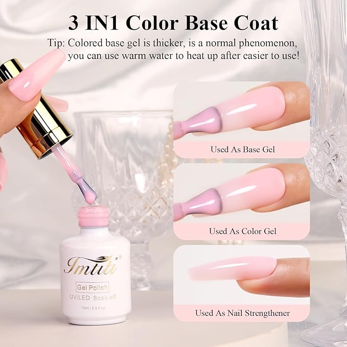 Imtiti Rubber Base Gel Polish, 15ML Nude Pink Color Base Gel For Nails Builder Gel Sheer Jelly Strengthener For Starters DIY Nail Art Soak Off UV LED