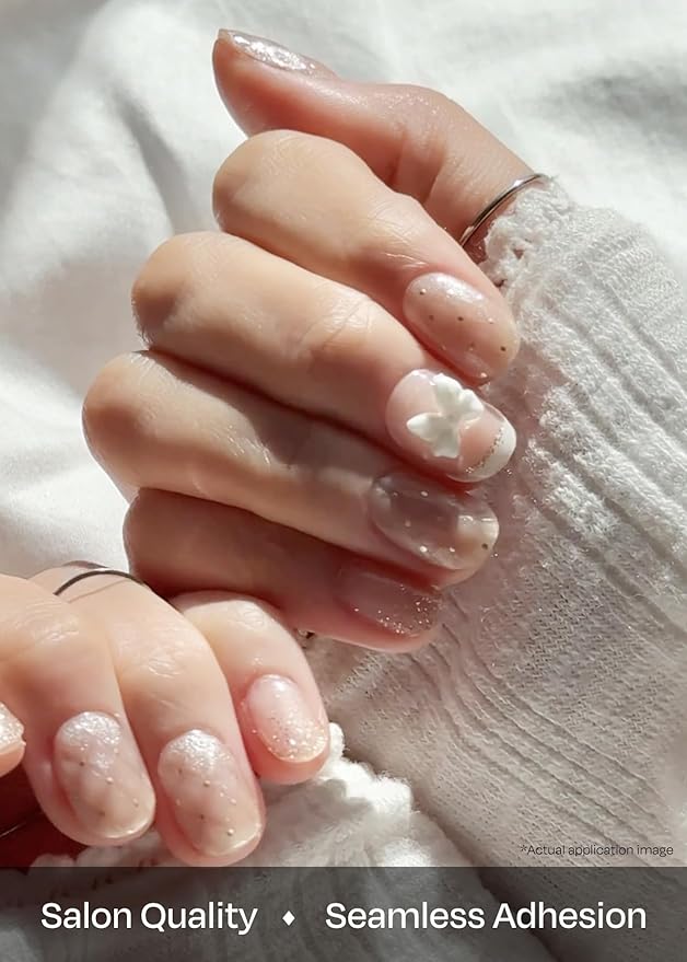 ohora Semi Cured Gel Nail Strips (N Grace Bloom) - White, Gem, Works with Any UV/LED Lamps, Salon-Quality, Long Lasting, Easy to Apply & Remove - Includes 2 Prep Pads, Nail File & Wooden Stick