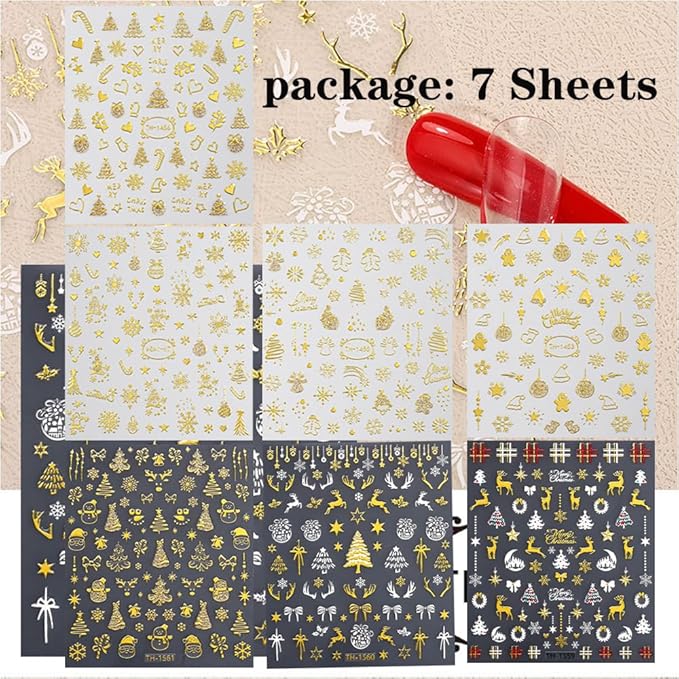 7 Sheets Christmas Nail Stickers for Nail Art, 3D Self-Adhesive Deer Star Nail Decals, Mushroom Nail Supplies Nail Art Design Accessories for Women and Girls Manicure DIY Decoration