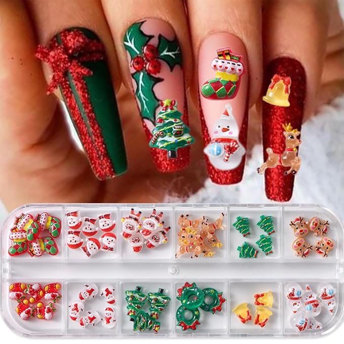 50pcs Christmas Nail Charms: 3D Mix Colorful Reindeer, Snowman, Santa Claus, Bell Nail Rhinestones for Women Xmas DIY