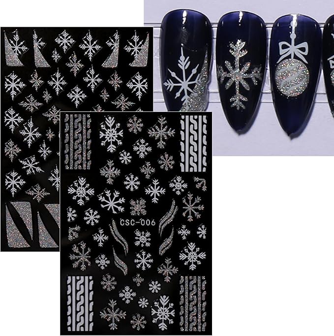 JMEOWIO 8 Sheets Christmas Glitter Nail Art Stickers Decals Self-Adhesive Snowflake Winter Holiday Cute Silver White Nail Supplies Nail Art Design Decoration Accessories