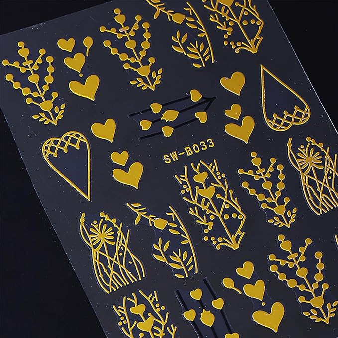 Fall Nail Art Stickers for Thanksgiving, Rose Gold Tree Nail Decals 3D Self-Adhesive with Leaves Heart Design 4Pcs Gold Leaves Tree Heart Nail Art Supplies for Women Nail Decoration