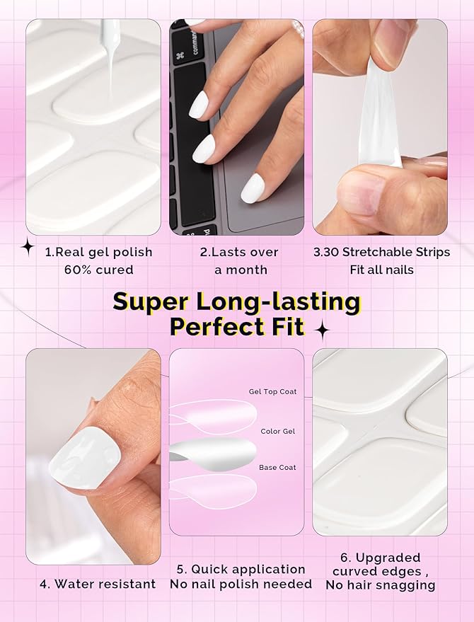 MelodySusie White Gel Nail Strips, 30pcs, Salon Quality, Long Lasting, Easy Apply & Remove, Includes Prep Pads, Nail File & Wooden Stick