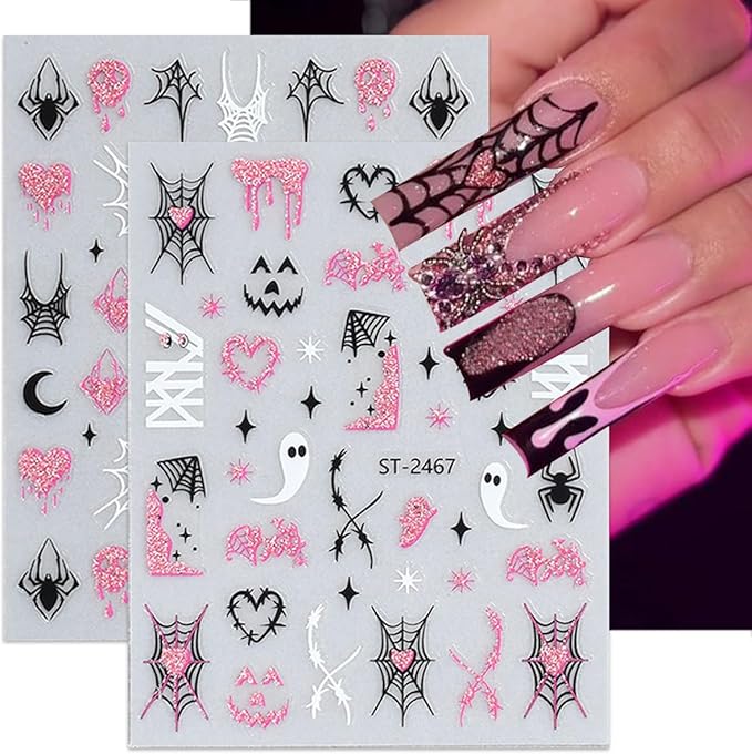 6 Sheets Pink Glitter Halloween Nail Stickers for Nail Art 3D Self-Adhesive Spider Web Nail Stickers with Ghost Bat Blood Drop Skull Cute Halloween Designs Goth Nail Decals for Women Acrylic Nails