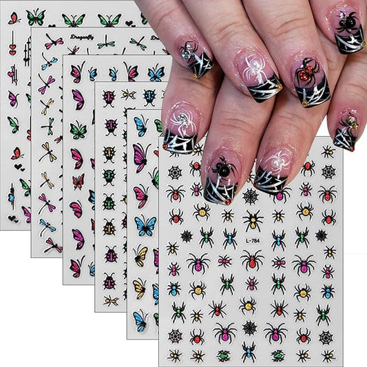 6Pcs Insect Nail Art Stickers Decals 3D Glitter Summer Nail Decals Ladybug Spider Nail Stickers Colorful Ladybug Dragonfly Nail Design Supplies Spring Butterfly Stickers for Women DIY Salon Manicure