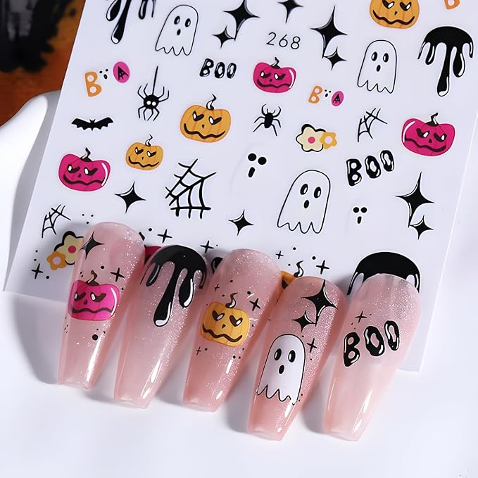 6 Sheets Halloween Nail Art Stickers Flower Nail Stickers 3D Self-Adhesive Ghost Nail Decals with Star Design Pumpkin Bat Nail Supplies Decoration Accessories for Women and Girls