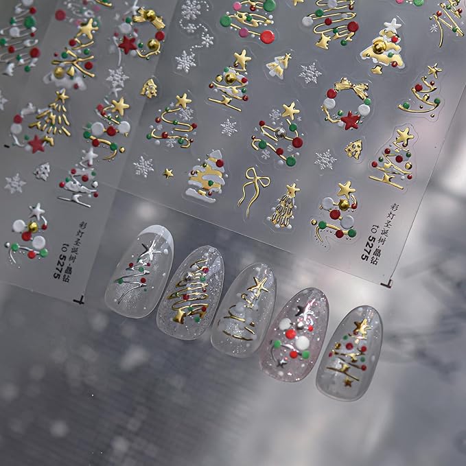 1 Sheet Christmas Nail Art Stickers Golden Xmas Tree Nail Decals with Rhinestone Star Bow Christmas Tree Nails Design Winter Xmas Nail Design Nail Supplies for Women DIY Holiday Manicure Decorations