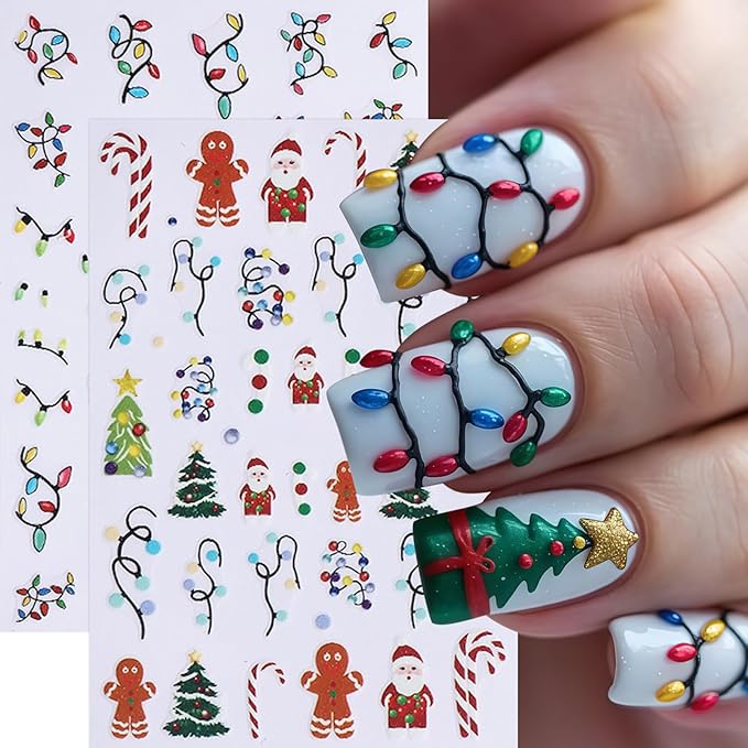 6 Sheets Christmas Nail Art Stickers Gingerbread Man Nail Stickers 3D Christmas Tree Santa Claus Nail Decals Winter Cartoon Christmas Light Design Nail Supplies for Women New Year DIY Manicure Decor