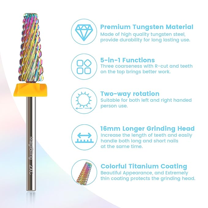 2XC 5 in 1 Nail Drill Bits, 16mm Tapered 3/32'' Professional Tungsten Carbide Bits for Efile, 2 Rotation for Electric Drill, Remove Thick Gel Acrylic Fast, Technicians Bits, Double Coarse