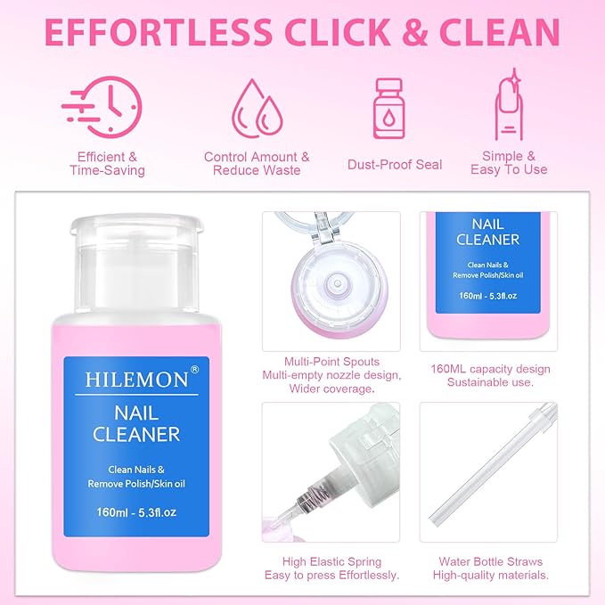 Push-On Nail Polish Remover, Multi-Purpose Nail Cleanser, Pump Bottle Design, Low Odor, Eco-Friendly Formula, Effortless 30-Second Removal for Regular Polish 160ml (Surface Cleanser)