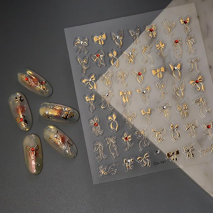 5D Embossed Gold Bow Nail Art Stickers, Rhinestones Nail Decals Metallic Ribbon Bow Tie Nail Design Cute Bow Nail Art Supplies Adhesive Sliders Sticker Craft French Manicure Decoration 1PCS