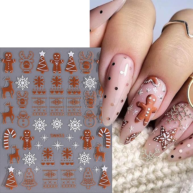 8 Sheets Cartoon Christmas Nail Art Stickers 3D Self-Adhesive Snowflake Snowman Nail Stickers Glitter Christmas Lamp Ball Nail Decals Acrylic Nail Supplies for Women Girls DIY Manicure Decoration