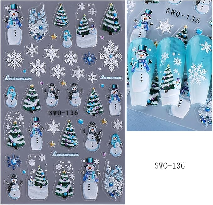 Christmas Nail Art Stickers Snowman Nail Decals with Christmas Tree Elk Snowflakes Design 3D Self-Adhesive Nail Stickers Acrylic Nail Supplies for Women DIY Xmas Decor 2 Sheets