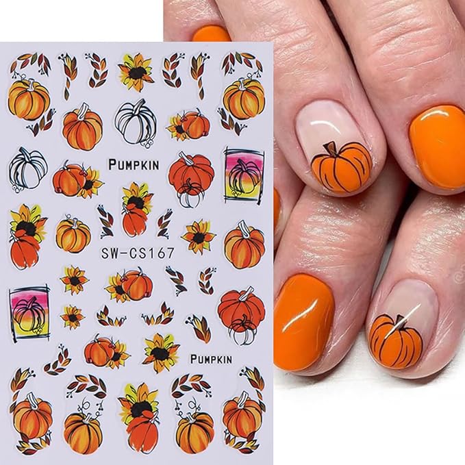 6 Sheets Cute Pumpkin 3D Self-Adhesive Nail Art Stickers with Pumpkin Seeds Designs, Flower Star Letter Nail Decals for Women Salon
