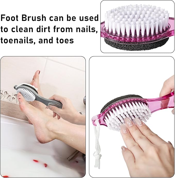 Pumice Stone Brush for Feet 4 in 1, Foot File Callus Remover, Foot Rasp and Sand Paper Pedicure Tools with Handle, Shower Foot Scrubber, Soft Smooth Feet for Home Foot Care,2 Pack