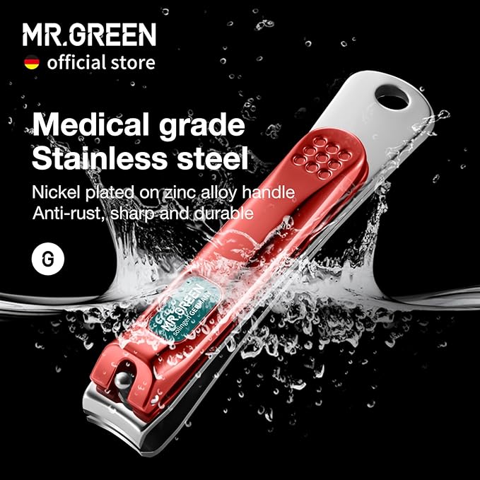 MR.GREEN Nail Clippers Curved Blades Fingernail Cutter Nippers Manicure Scissors Stainless Steel Pedicure Tools with Nail Flies (Medium-Red+Glass File)