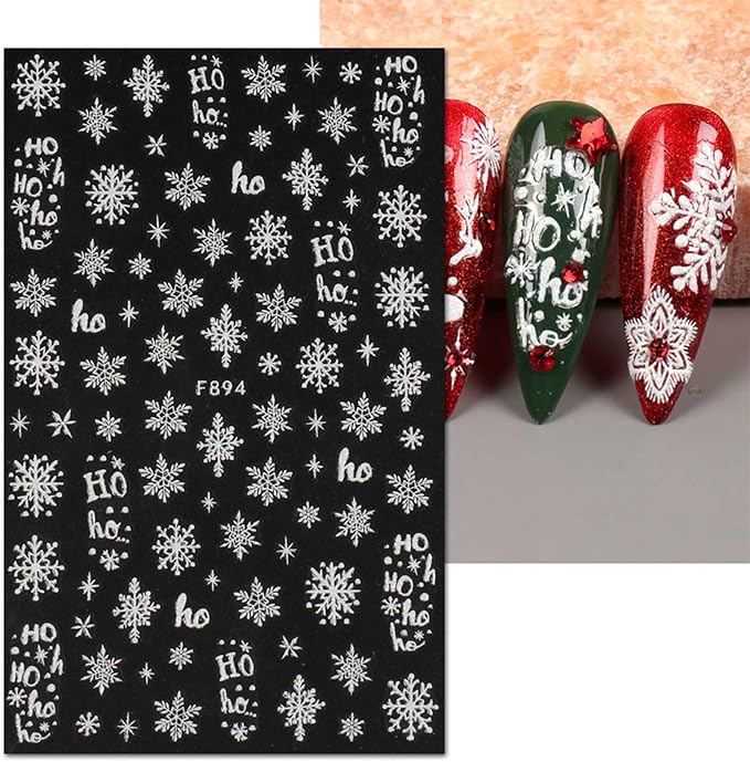 JMEOWIO 8 Sheets Christmas Glitter Nail Art Stickers Decals Self-Adhesive Pegatinas Uñas White Snowflake Xmas Winter Holiday Cute Nail Supplies Nail Art Design Decoration Accessories