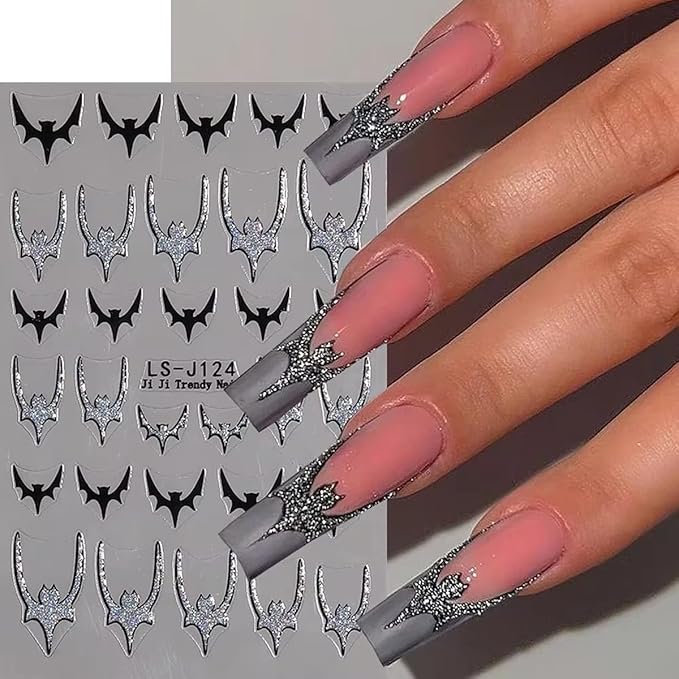 8 Sheets Horror Goth Nail Art Stickers Halloween Nail Stickers for Nail Art Glitter Bat Spider Web Pumpkin Design Luminous Ghost Nail Decals Self-Adhesive Nail Supplies for Women Manicure Decor