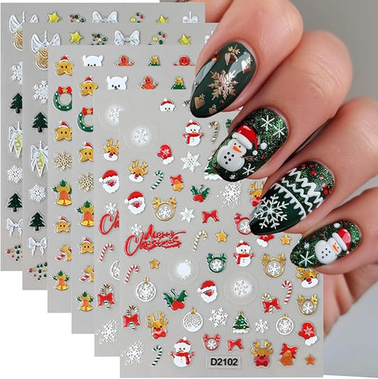 Christmas Nail Art Stickers Decals Crystal Ball Snowflake Nail Decals 3D Self-Adhesive Xmas Nail Art Supplies 6PCS Snowman Holly Leaf Santa Claus Bow Xmas Nails Design Manicure Slider for Women Girls