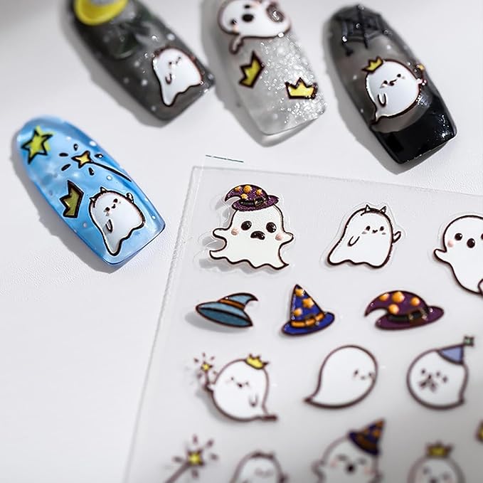Halloween Nail Stickers for Nail Art - Ghost Party Nail Art Sticker Halloween Cute 5D Embossed Nail Decals Self-Adhesive Nails Supply Manicure Stickers for Nails Decoration
