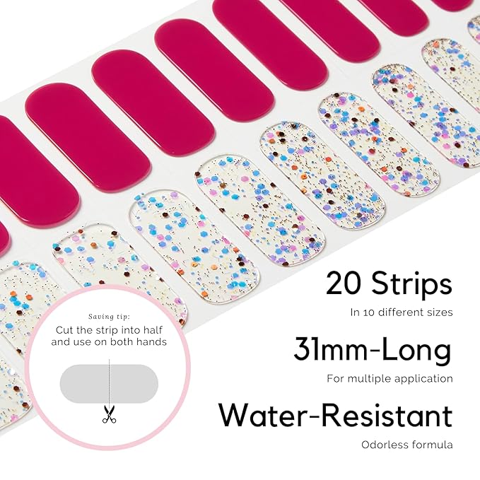 NAILOG 20 Pcs Semi Cured Gel Nail Strips - Extra Long Nail Wraps with Glossy Gel Finishing Red, Ruby Nebula