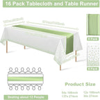 16Pack Plastic Tablecloths and Satin Table Runner Set Disposable White and Sage - Image 2