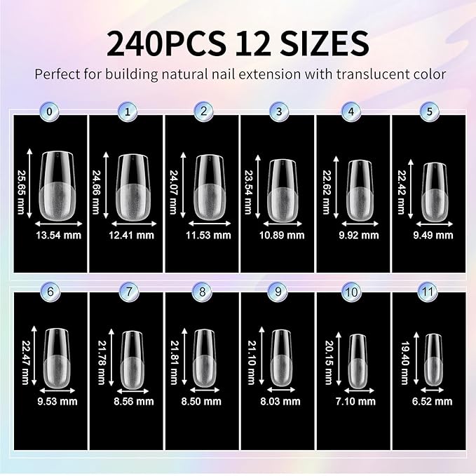 Medium Square Nail Tips 240Pcs Square Press on Nails Pre-shape Clear Soft Gel Nails Tips for Full Cover Acrylic French False Nails For Nail Extension, Home DIY Nail Salon 12 Sizes False Tips