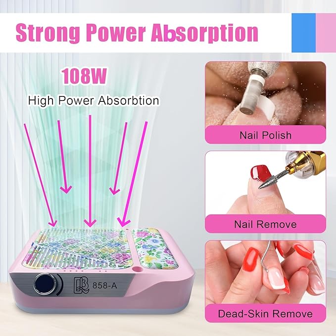 Nail Dust Collector,180W Power Suction, Dust Vacuum Fan Extractor with Reusable Filter for Nail Tech, Acrylic Gel Polish Manicure Pedicure Tool, Salon & Home,Pink