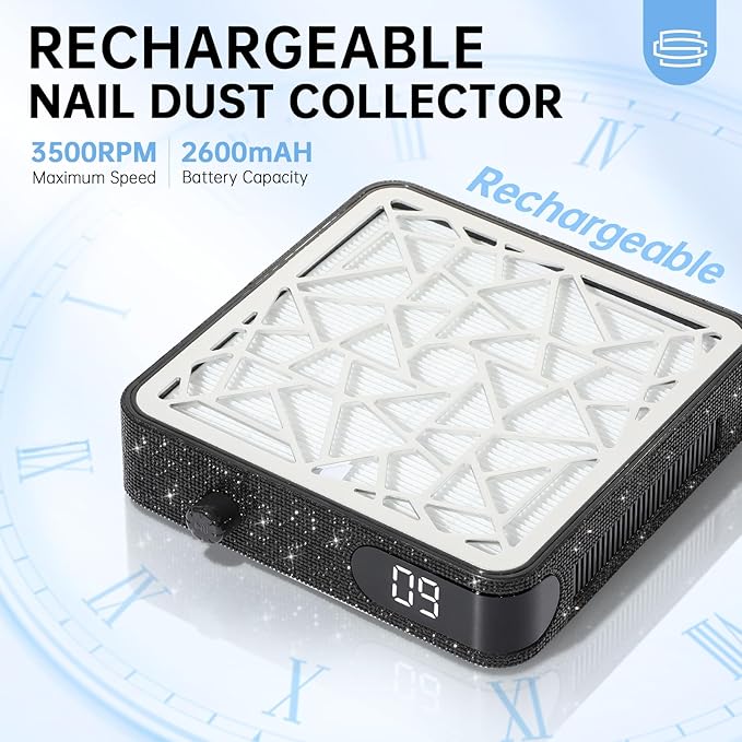 Nail Dust Collector, Cordless Dust Collector Nail Tech, Powerful Vacuum Fan Vent Dust Collector Extractor Dust Suction Machine for Acrylic Nails Polishing, Nail Salon, Black Diamond