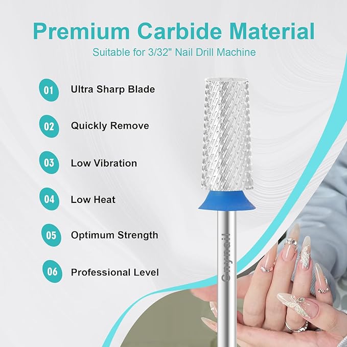 3/32" Large Tapered Barrel Flat Bit Tungsten Carbide Nail Drill Bit Safety Bit for Gel & Acrylic Removal, 2- Way Rotating Efile Tip, Salon Electric File Accessory (M Girt, Silver)
