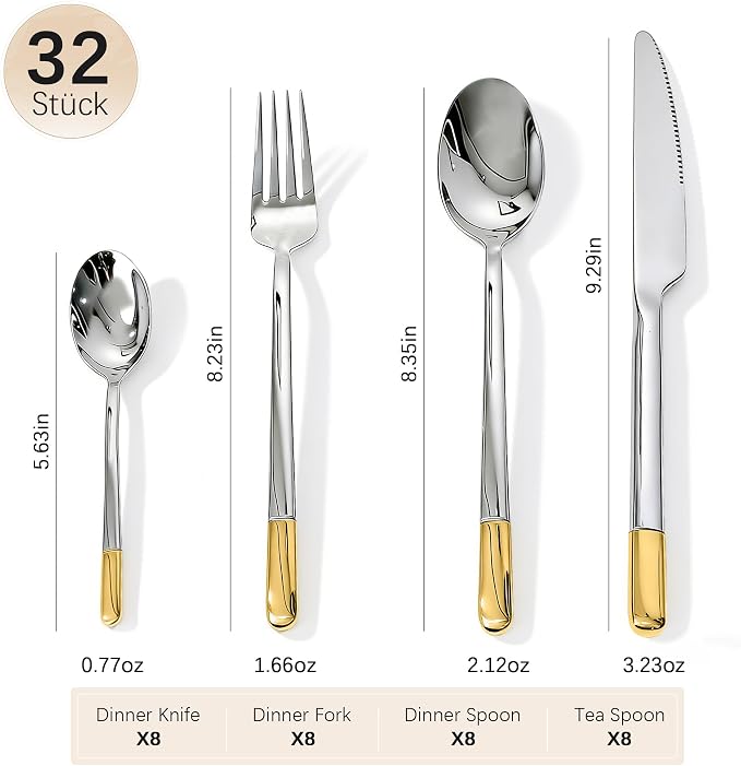 Silverware Set Service for 8, IKXO 32-Piece Modern Stainless Steel Flatware - Image 2