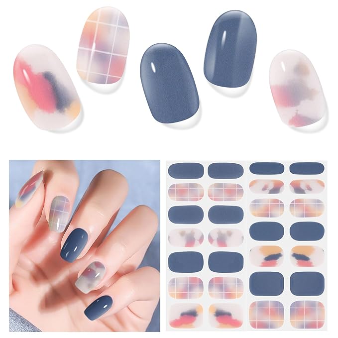 Semi Cured Gel Nail Strips,28 PCS Gel Nail Stickers Wraps(Street Color),UV Light/Led Lamp Required,Long Lasting UV Stickers Easy to Apply