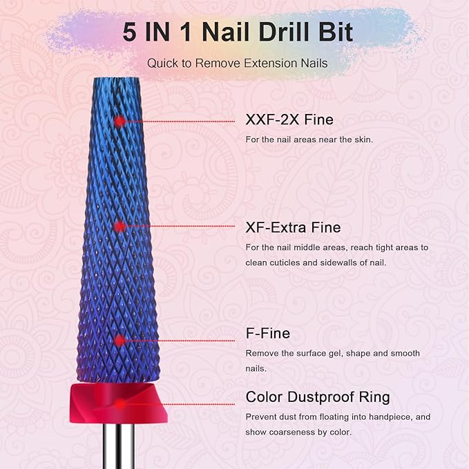 Depvko Super Long 5 in 1 Nail Drill Bits, 3/32'' Carbide Tungsten Bits, Two Way Rotate Professional Advanced Safety Bits for Nail, Fast Remove for Manicure Pedicure (Long 5in1-Purple, Fine-F)