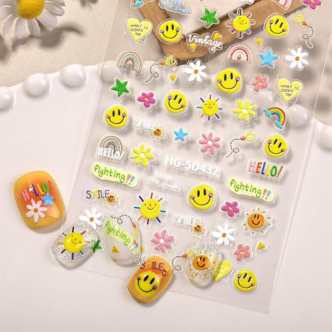 5D Embossed Smiley Face White Daisy Nail Stickers - Floral Face Nail Art Decorations for Manicure A Set of 2 Sheets