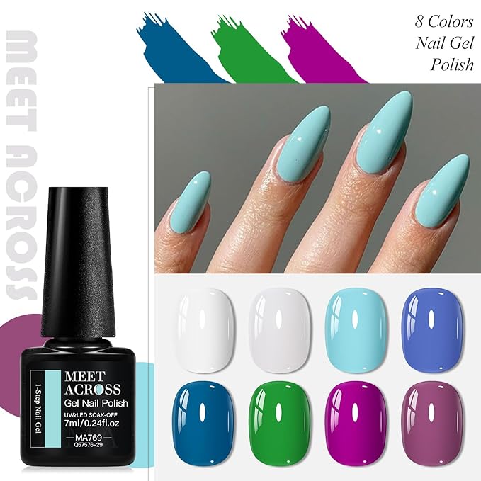 MEET ACROSS 1 Step Gel Polish Set Nail Art Manicure 3 in 1 Gel Kit Soak Off LED Gel Nail Varnishes No Need base gel top coat (Set-4, 8PCS)