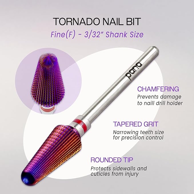 PANA 3/32" Purple Tornado Carbide Nail Drill Bit for Acrylics, Nail Extension, Gel Polish Removal Nail Salon Manicure Pedicure Electric File Tools (Fine - F)